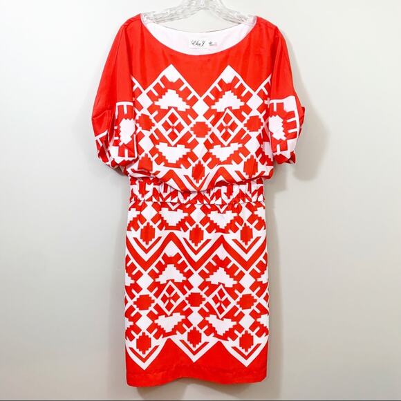 Eliza J Aztec Short Sleeve Orange/White Knee Length Dress - Picture 1 of 7